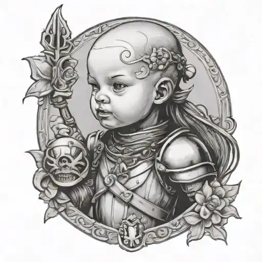 warrior baby girl English medieval no hair tattoo design idea