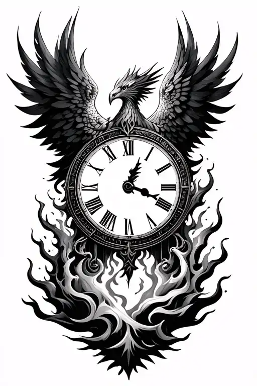 clock with phoenix rising from ashes tattoo design idea