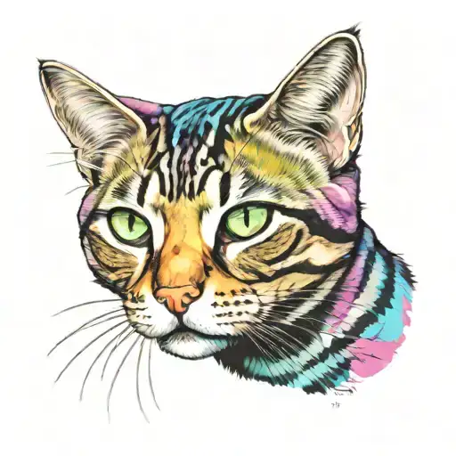 Skinny female tabby cat portrait, blue black green purple pink white, spot on face, tattoo design idea