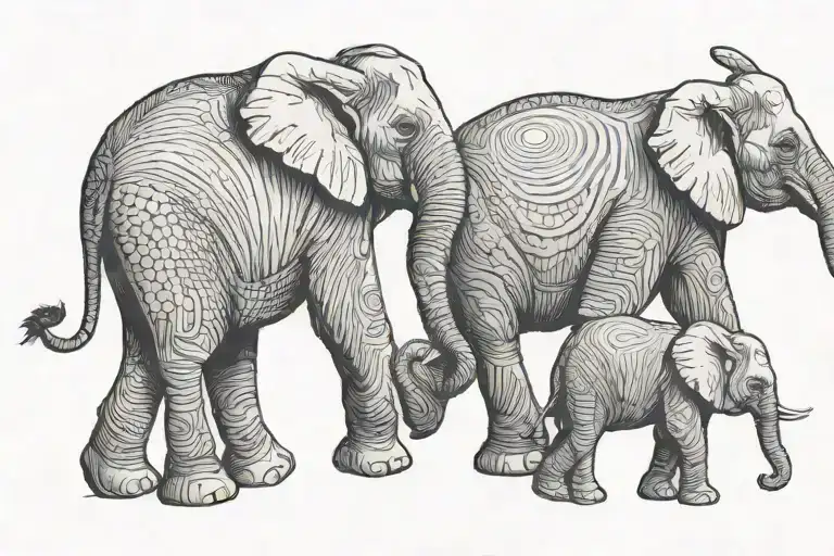 mama elephant, walking, two baby elephants in a line trunk to tail tattoo design idea