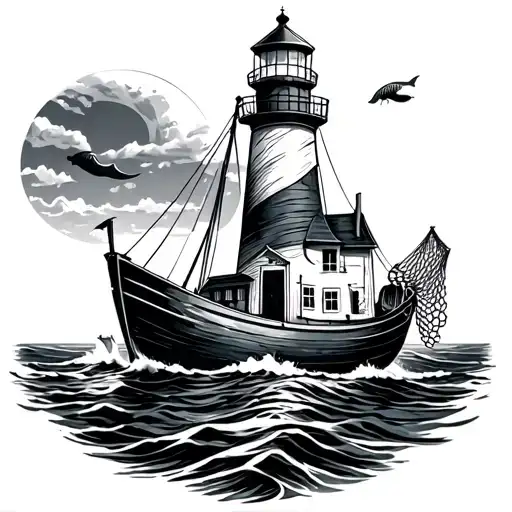 lighthouse with a fishing boat with fish net tattoo design idea