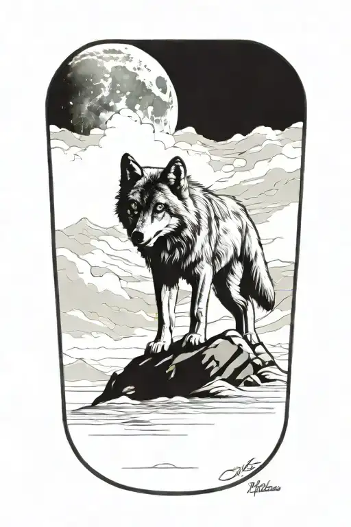 wolf cub, river, moon, adult wolf tattoo design idea
