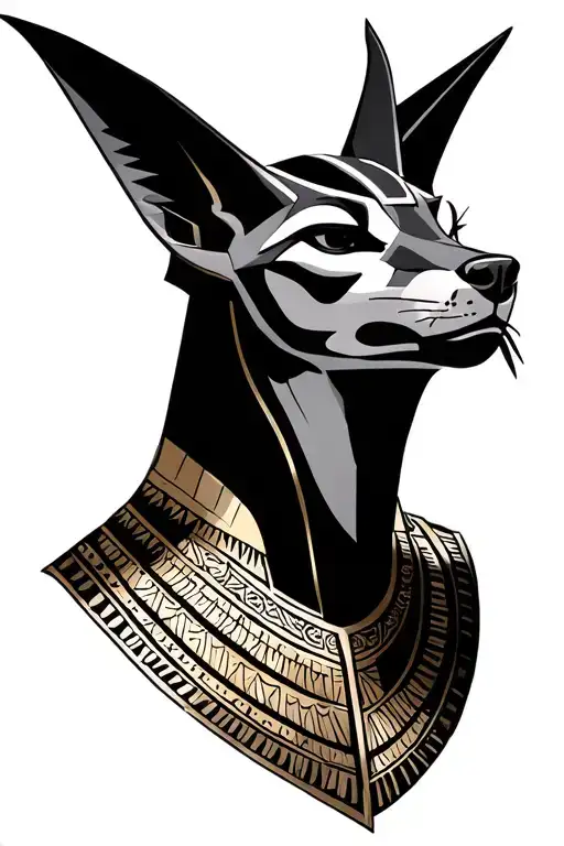 The evil Anubis is a male Egyptian god with a jackal face looking full-face in black and white tattoo design idea