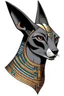 The evil Anubis is a male Egyptian god with a jackal face looking full-face in black and white tattoo design idea