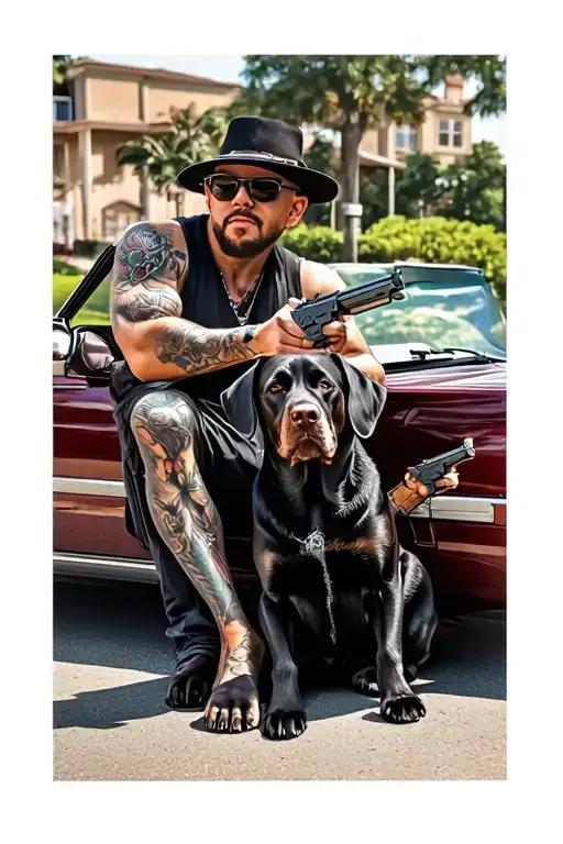Realistic gangster with pistols on a convertible with a black labrador  tattoo design idea