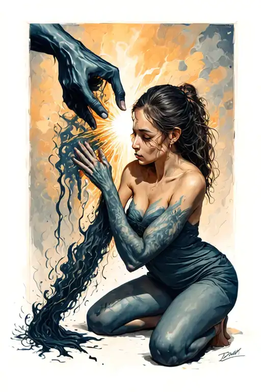 A kneeling woman, face hidden, is torn between a dark hand pulling her into chaos and a gentle one guiding her on light. tattoo design idea