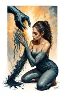 A kneeling woman, face hidden, is torn between a dark hand pulling her into chaos and a gentle one guiding her on light. tattoo design idea