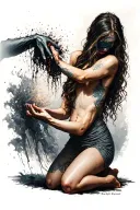 A kneeling woman, face hidden, is torn between a dark hand pulling her into chaos and a gentle one guiding her on light. tattoo design idea