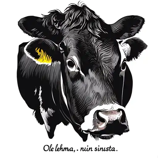 "Ole lehma, niin sinusta" old detailed illustration of a cow, facing side view, text below the illustration in an 1800s style font tattoo design idea