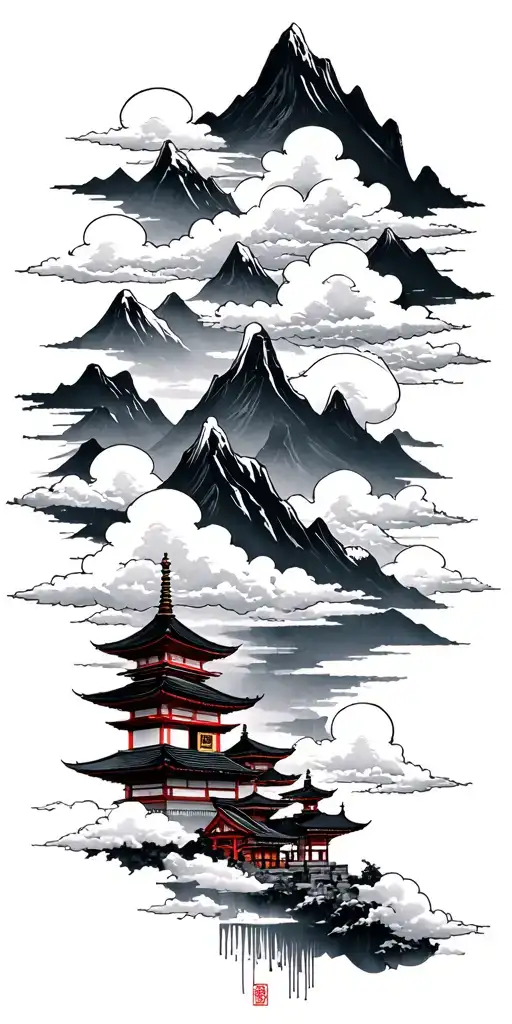 Japanese clouds, mountains, ancient pagodas tattoo design idea