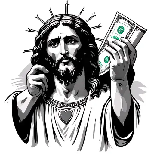 Jesus Christ with hands holding a roll of money and a heart  tattoo design idea