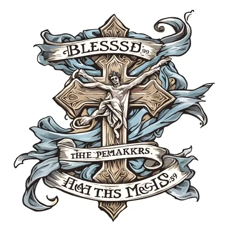 Cross with ""Blessed are the peacemakers" written on a draped blue sash.  Mat 5:9 written underneath tattoo design idea
