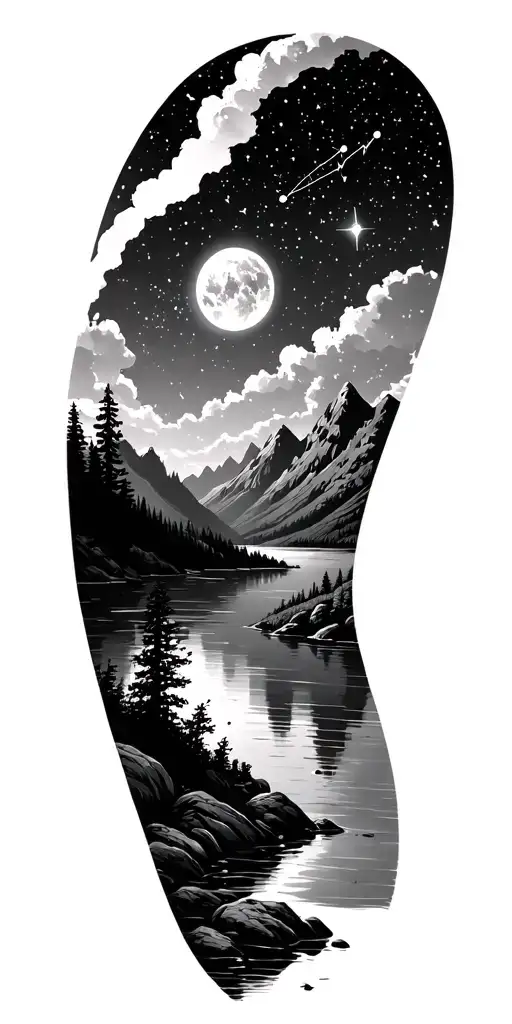 outdoor scene with mountains, lake and river under a starry night sky with Gemini constellation.  tattoo design idea