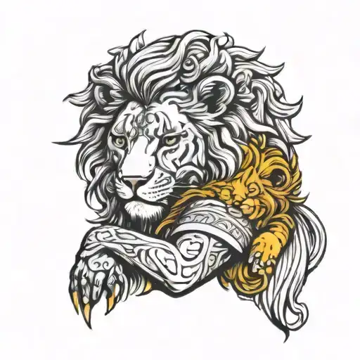angel hugging a lion head tattoo design idea