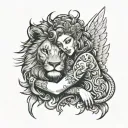 angel hugging a lion head tattoo design idea