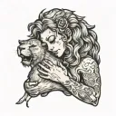 angel hugging a lion head tattoo design idea