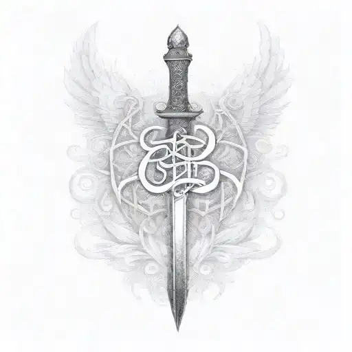 lettering of the word `God is with me` written in persian, having the form of a sword. tattoo design idea