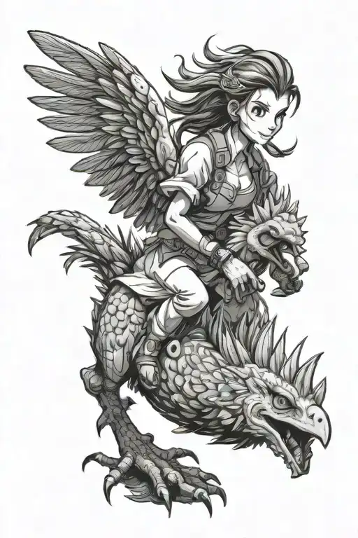 aerith riding chocobo chasing cactuar tattoo design idea