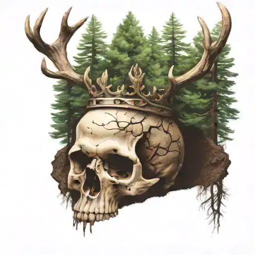 Skull Buried In Dirt In A Forest of pine trees with a crown made from deer  antlers tattoo design idea