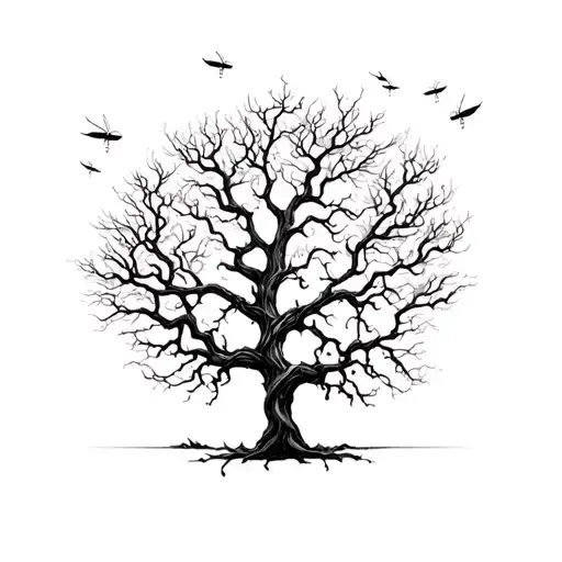 A hauntingly beautiful tree with twisted branches and glowing fireflies tattoo design idea