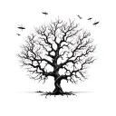 A hauntingly beautiful tree with twisted branches and glowing fireflies tattoo design idea
