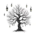 A hauntingly beautiful tree with twisted branches and glowing fireflies tattoo design idea