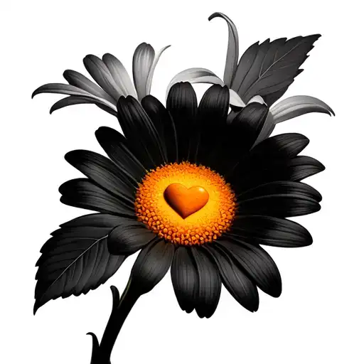 A daisy with a double layer of petals with a heart in the center and a stem with 4 leaves tattoo design idea