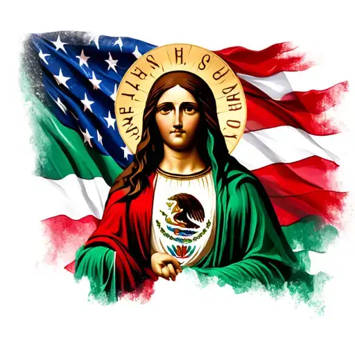 virgin mary, god, mexican flag, american flag tattoo design idea