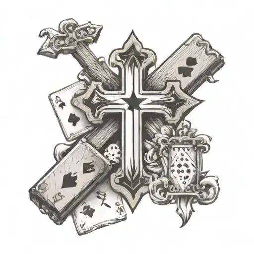 3 wooden crosses with dice and 2 playing cards arranged, 3 stars aswell tattoo design idea