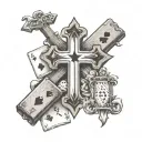 3 wooden crosses with dice and 2 playing cards arranged, 3 stars aswell tattoo design idea