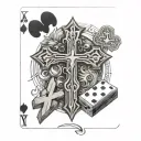 3 wooden crosses with dice and 2 playing cards arranged, 3 stars aswell tattoo design idea