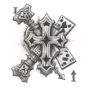 3 wooden crosses with dice and 2 playing cards arranged, 3 stars aswell tattoo design idea