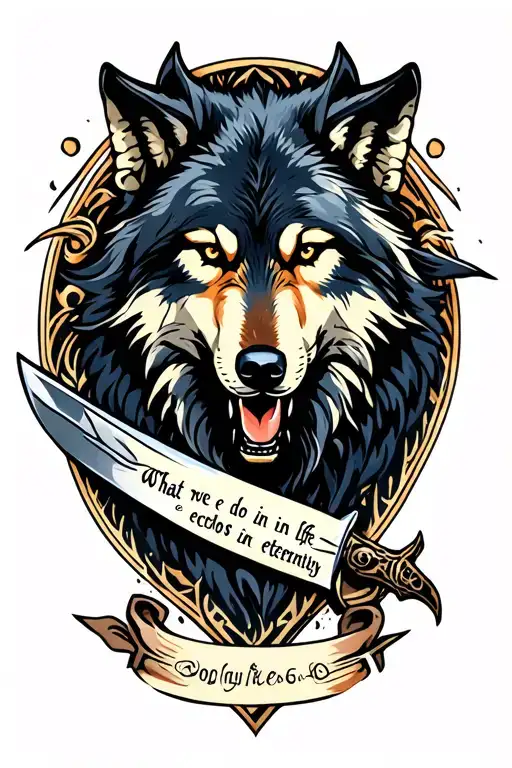 dagger wolf and quote "what we do in life echoes in eternity" tattoo design idea