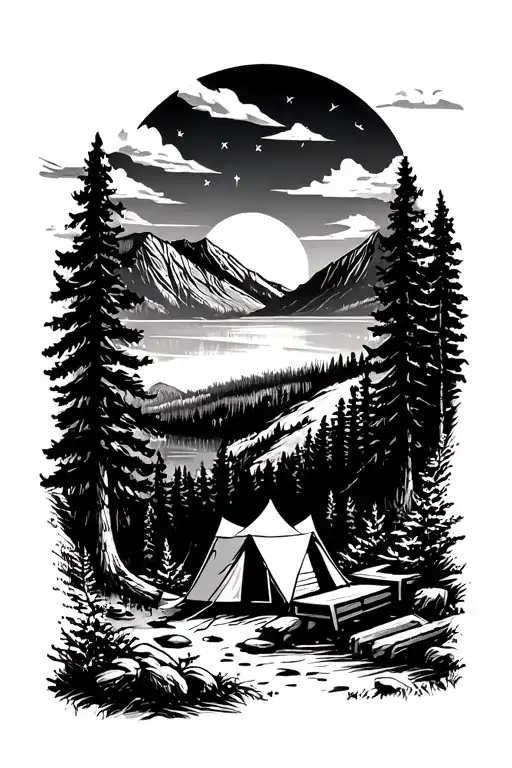 camping and nature scene tattoo design idea