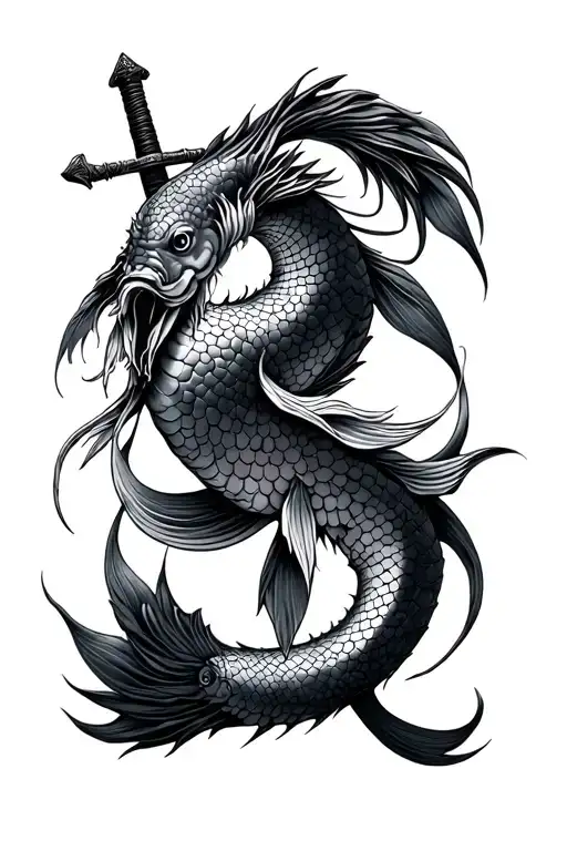Japanese Pisces and samurai sword tattoo design idea