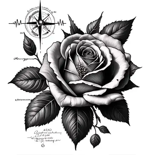 A realistic black & gray tattoo featuring a detailed Rose of Sharon, a delicate hand, a compass, and a flowing EKG line. tattoo design idea