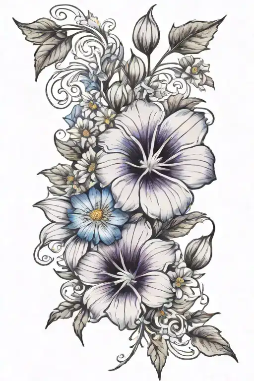 morning glory flower and aster flowers on the word faith    tattoo design idea