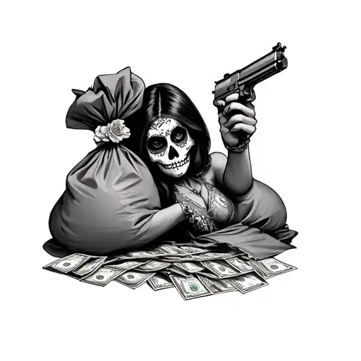 A woman in a traditional Mexican sugar skull makeup, holding a gun and surrounded by money bags tattoo design idea