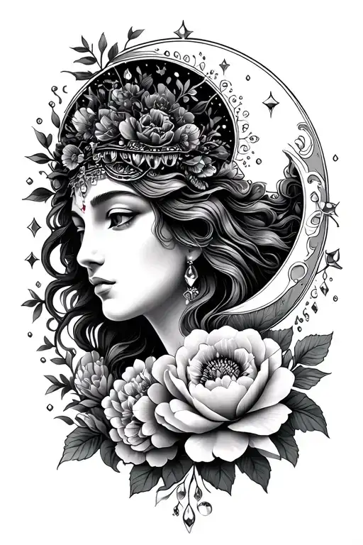 fine line crescent moon and stars above a goddess face with peonies and flowers, filigree and crystals tattoo design idea