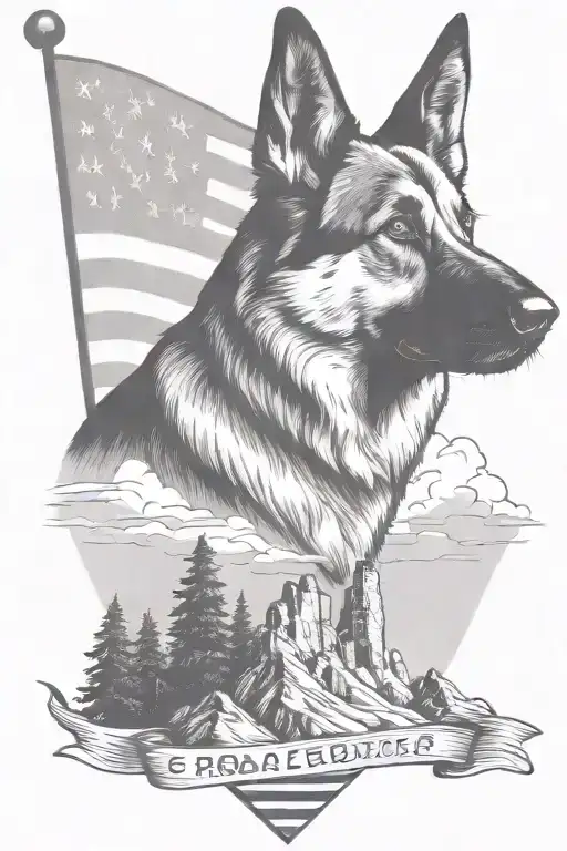 dark portrait german shepherd and border collie on a mountain peak American flag waving banner saying "diabetes" tattoo design idea