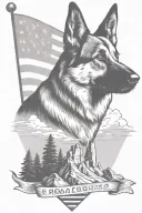 dark portrait german shepherd and border collie on a mountain peak American flag waving banner saying "diabetes" tattoo design idea