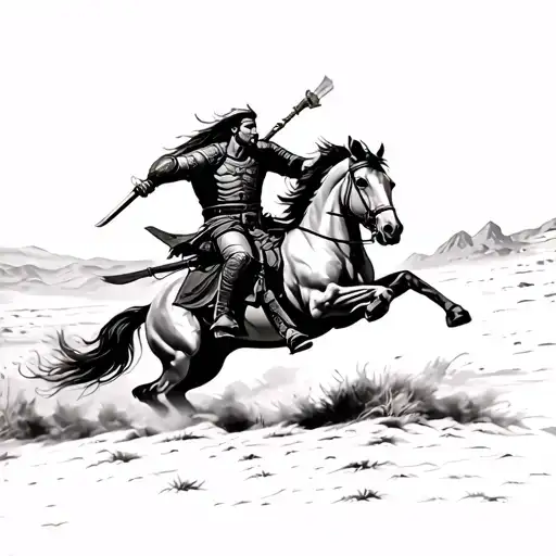 Scythian nomadic warrior in mid-battle, riding a muscular steppe horse at full gallop across a wind-swept desert. tattoo design idea