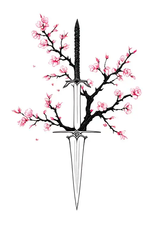 sword and jerry blossom tree tattoo design idea