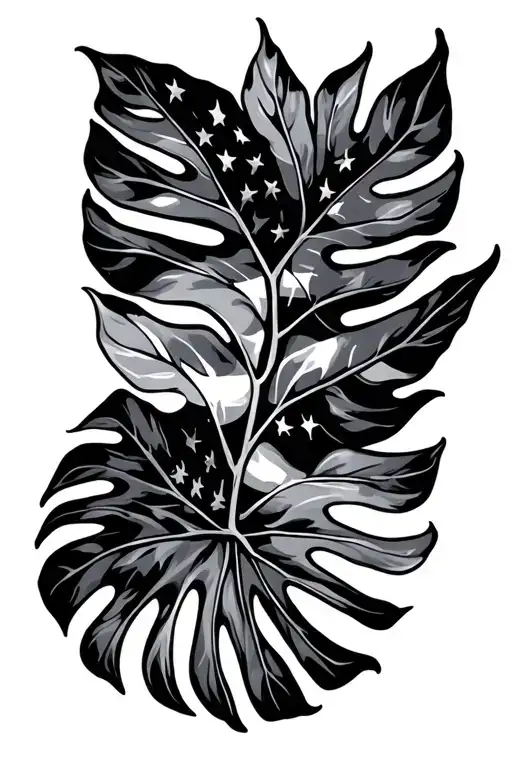 monstera leaf and american flag intertwined tattoo design idea