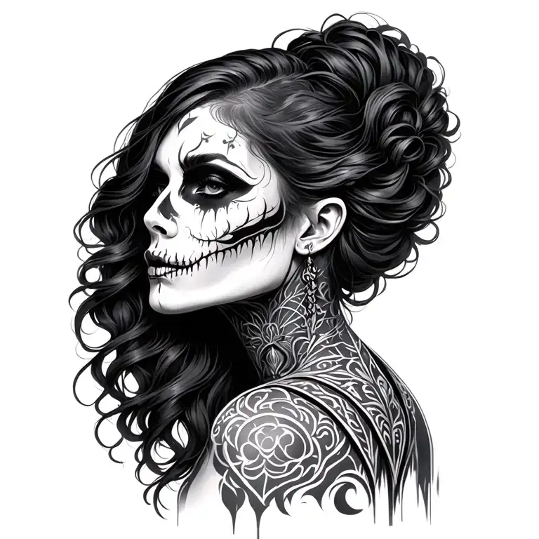 Main subject: Woman from the front "Warrior" Make -up dead, "Katarina" " fete des morts" Hair: Long hair S tattoo design idea