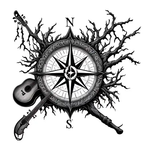 An intricate compass design surrounded by a weeping willow tree and musical instruments tattoo design idea