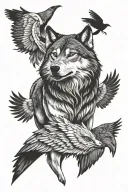 wolf and crows flying tattoo design idea