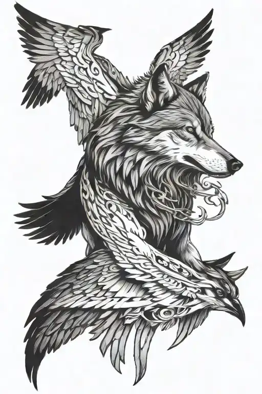 wolf and crows flying tattoo design idea