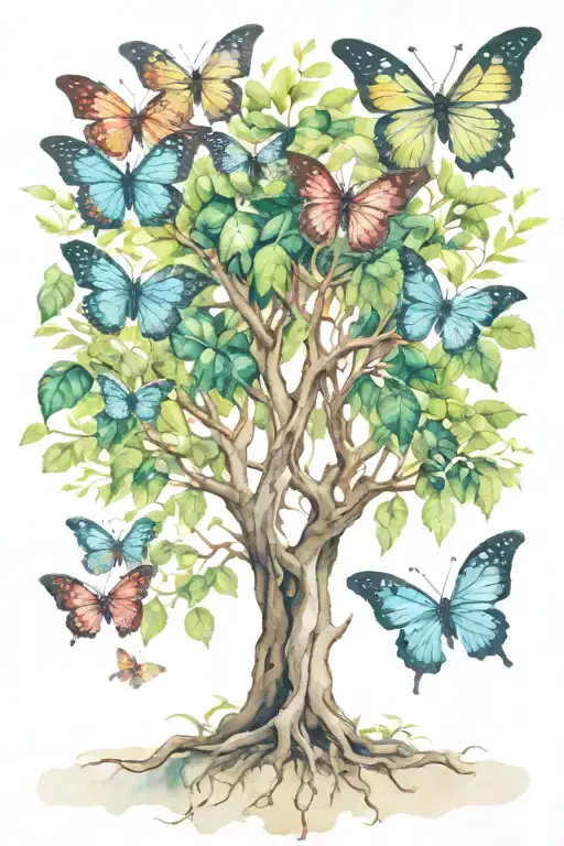 butterfly banyan tree growing tattoo design idea