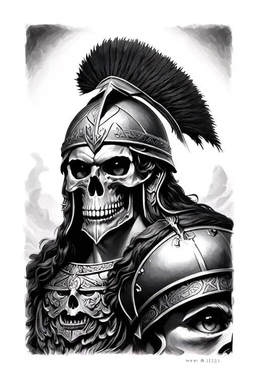 skulls and Greek gods eyes looking forward and Spartan warrior  tattoo design idea